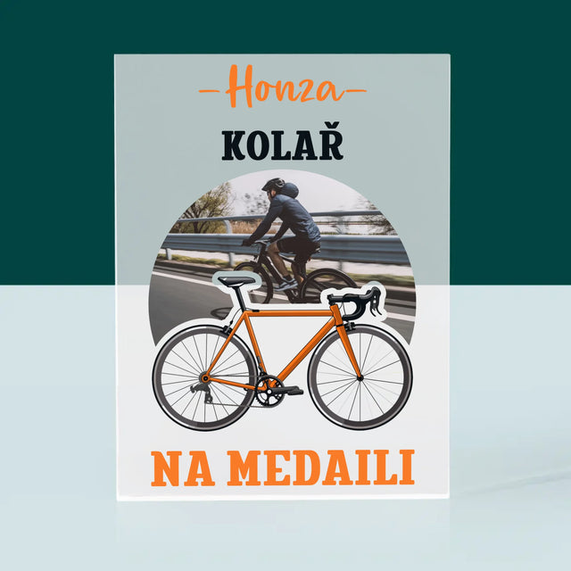 Foto a popis: Cyklista oceněný medailí - Akrylový blok s potiskem | CZ