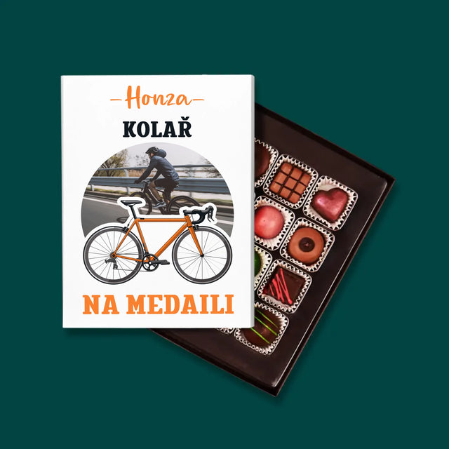 Foto a popis: Medailový cyklista – personalizované pralinky | CZ