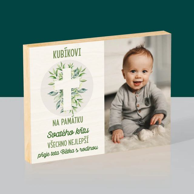 Fotka A Textem: Svatý Křest Lístky - Tisk Na Dřevo