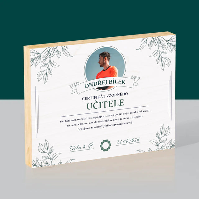 Fotka A Textem: Certifikát Vzorného Učitele - Tisk Na Dřevo