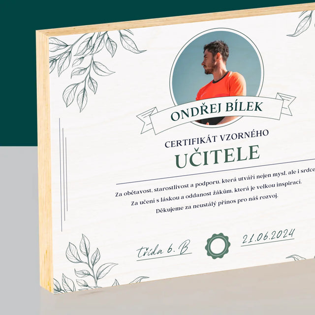 Fotka A Textem: Certifikát Vzorného Učitele - Tisk Na Dřevo