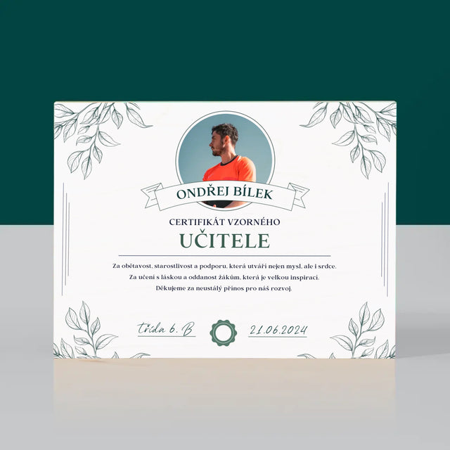 Fotka A Textem: Certifikát Vzorného Učitele - Tisk Na Dřevo