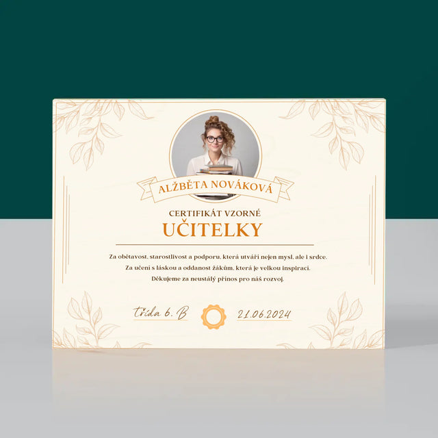 Fotka A Textem: Certifikát Vzorné Učitelky - Tisk Na Dřevo