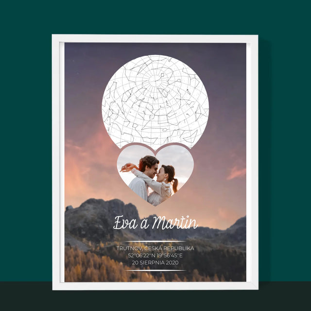 Hvězdná Mapa: Zamilovaný Pár Na Horách - Tisk V Rámečku