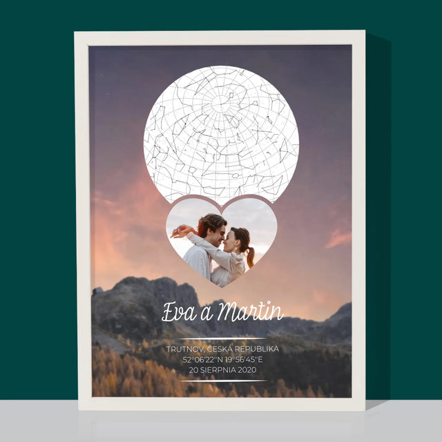 Hvězdná Mapa: Zamilovaný Pár Na Horách - Tisk V Rámečku