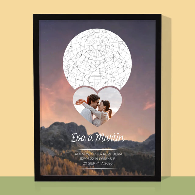 Hvězdná Mapa: Zamilovaný Pár Na Horách - Tisk V Rámečku