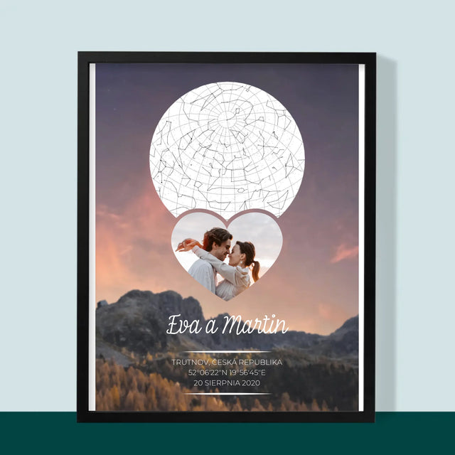 Hvězdná Mapa: Zamilovaný Pár Na Horách - Tisk V Rámečku