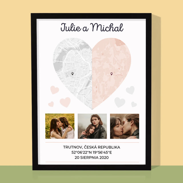 Mapa Města: Dvě Poloviny Srdce - Tisk V Rámečku