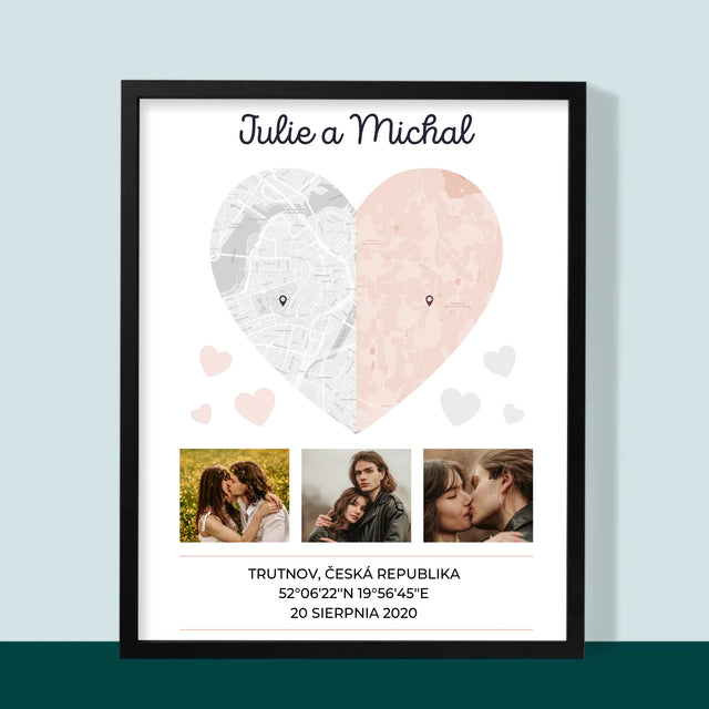 Mapa Města: Dvě Poloviny Srdce - Tisk V Rámečku