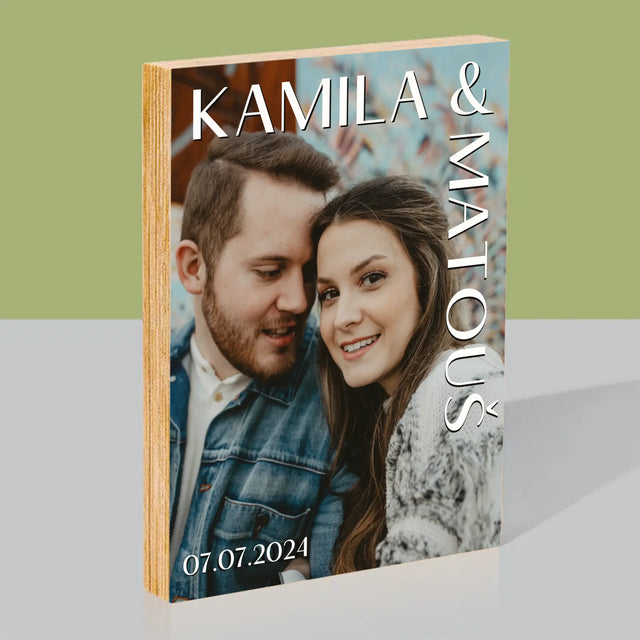 Fotka A Textem: Jména Svatba - Tisk Na Dřevo