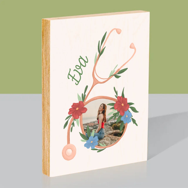 Fotka A Textem: Stetoskop Květiny - Tisk Na Dřevo