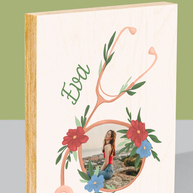 Fotka A Textem: Stetoskop Květiny - Tisk Na Dřevo