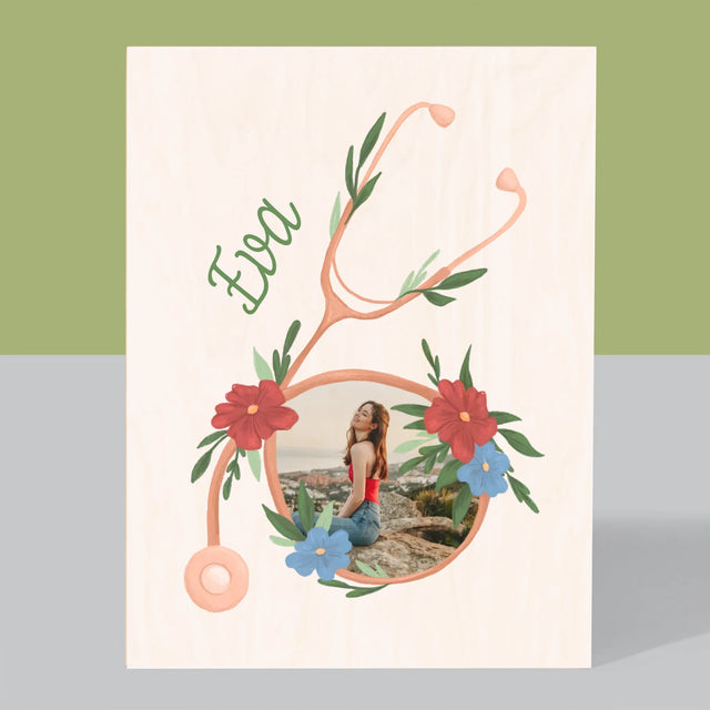 Fotka A Textem: Stetoskop Květiny - Tisk Na Dřevo