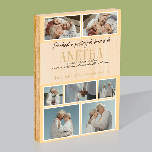 Fotokoláž: Důchod V Pestrých Barvách - Tisk Na Dřevo