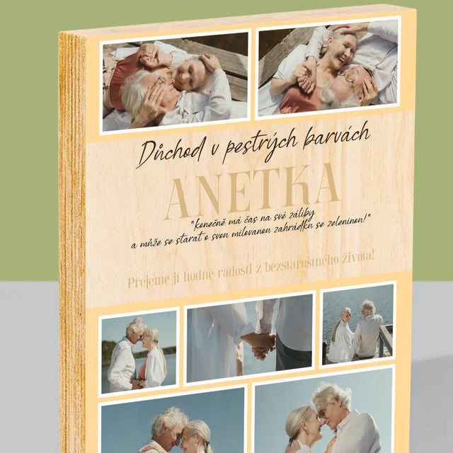 Fotokoláž: Důchod V Pestrých Barvách - Tisk Na Dřevo