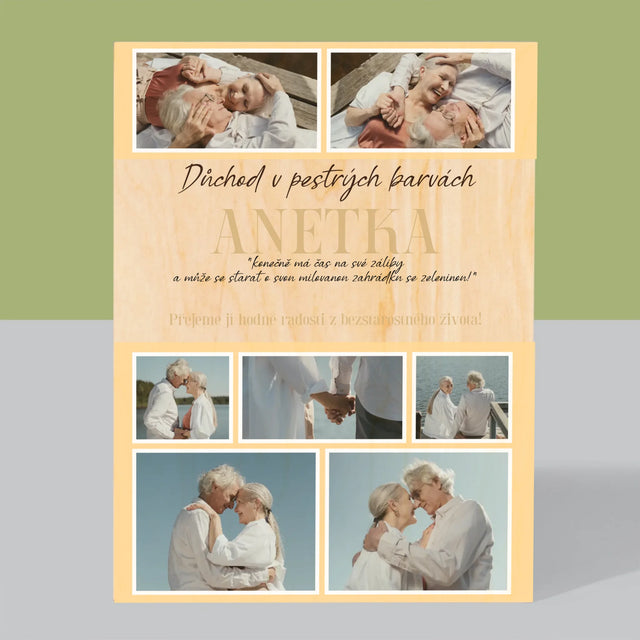 Fotokoláž: Důchod V Pestrých Barvách - Tisk Na Dřevo