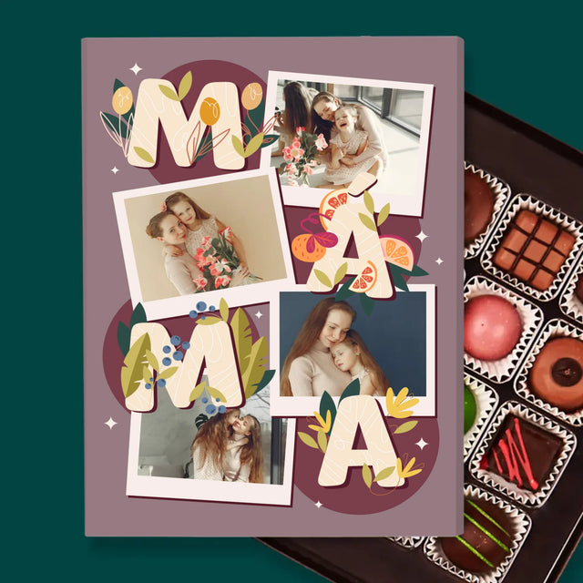 Fotokoláž: Písmenka Máma - Pralinky