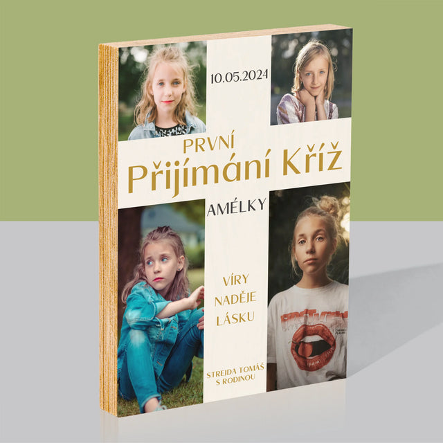 Fotokoláž: Kříž k prvnímu přijímání - tisk na dřevo | Česká republika