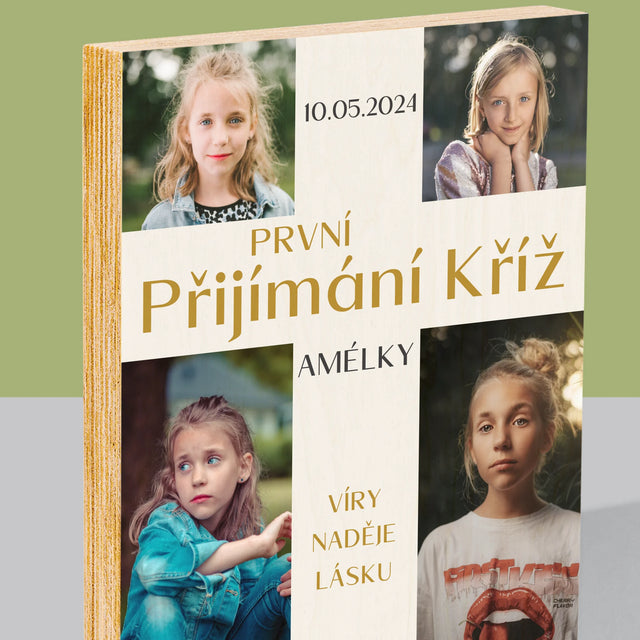 Fotokoláž: Kříž k prvnímu přijímání - tisk na dřevo | Česká republika