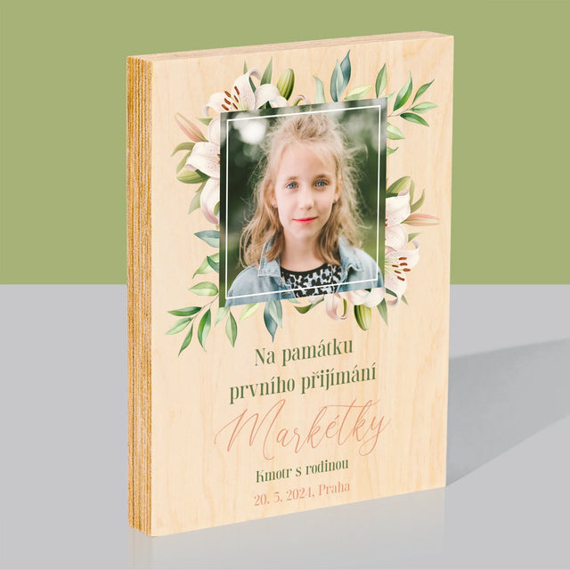 Fotografie a podpis: Na památku prvního svatého přijímání - tisk na dřevě | Česká republika