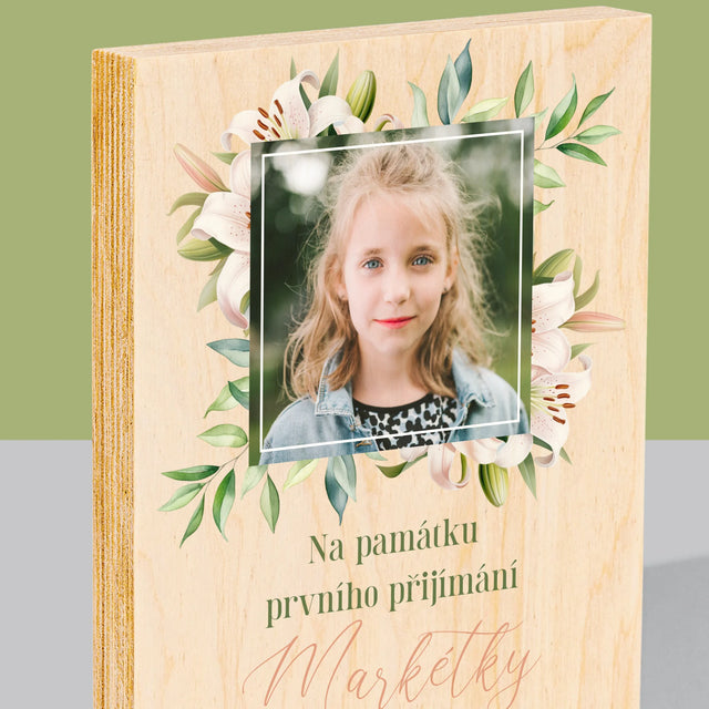 Fotografie a podpis: Na památku prvního svatého přijímání - tisk na dřevě | Česká republika