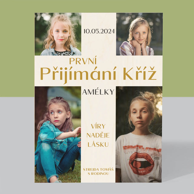 Fotokoláž: Kříž k prvnímu přijímání - tisk na dřevo | Česká republika