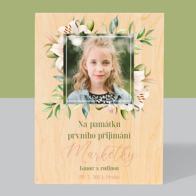 Fotografie a podpis: Na památku prvního svatého přijímání - tisk na dřevě | Česká republika