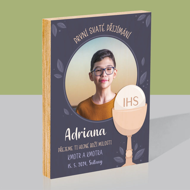 Fotografie a podpis: První svaté přijímání - tisk na dřevo | Česká republika