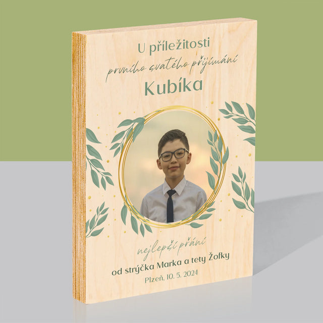 Fotografie a podpis: U příležitosti prvního svatého přijímání - tisk na dřevě | Česká republika