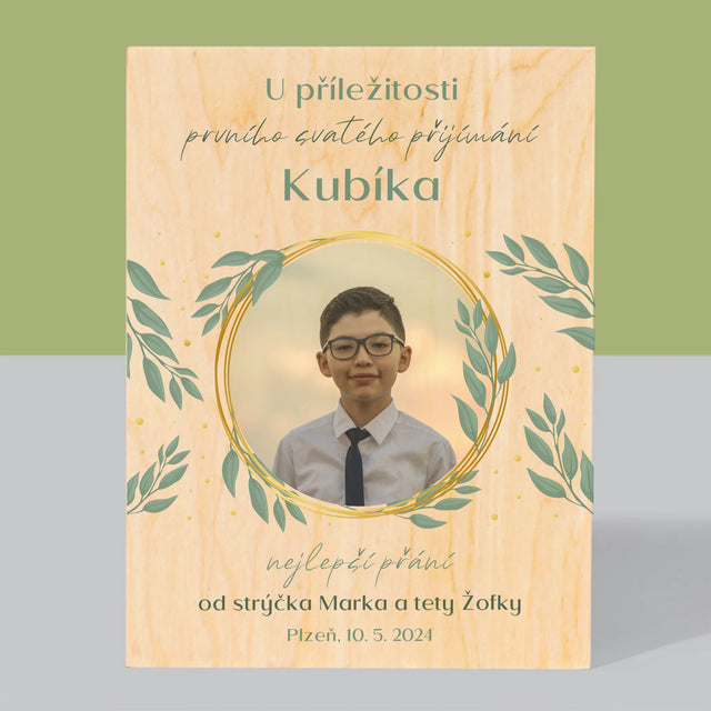 Fotografie a podpis: U příležitosti prvního svatého přijímání - tisk na dřevě | Česká republika