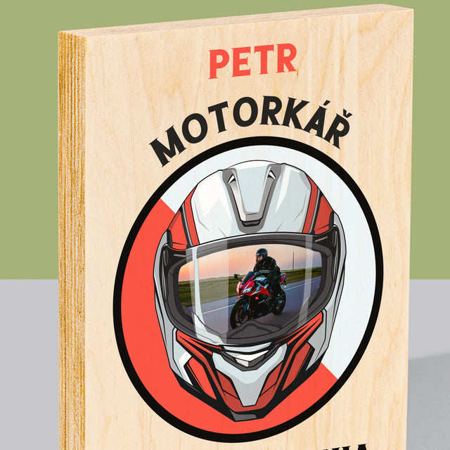 Fotografie a popisek: Motocyklista od narození - tisk na dřevě | Česká republika