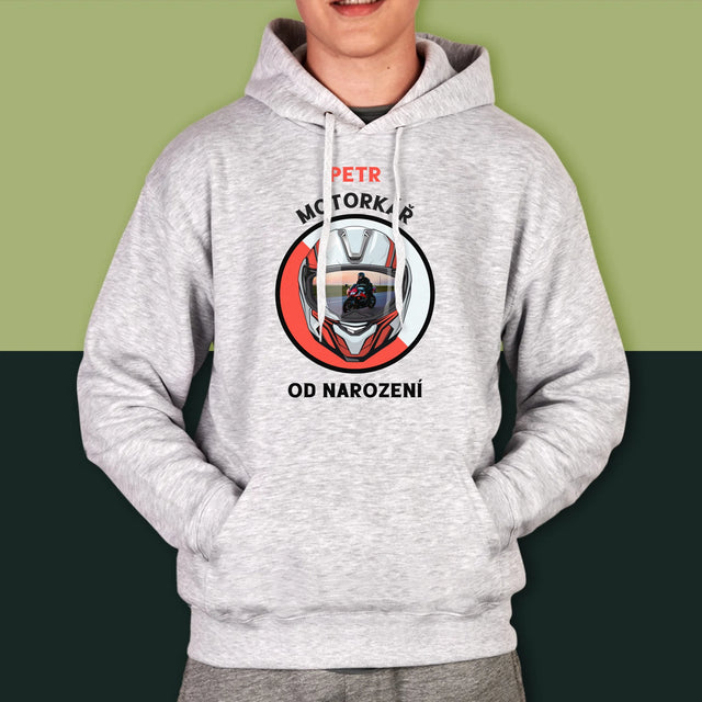 Fotka A Textem: Motorkář Od Narození - Pánská Mikina S Kapuci