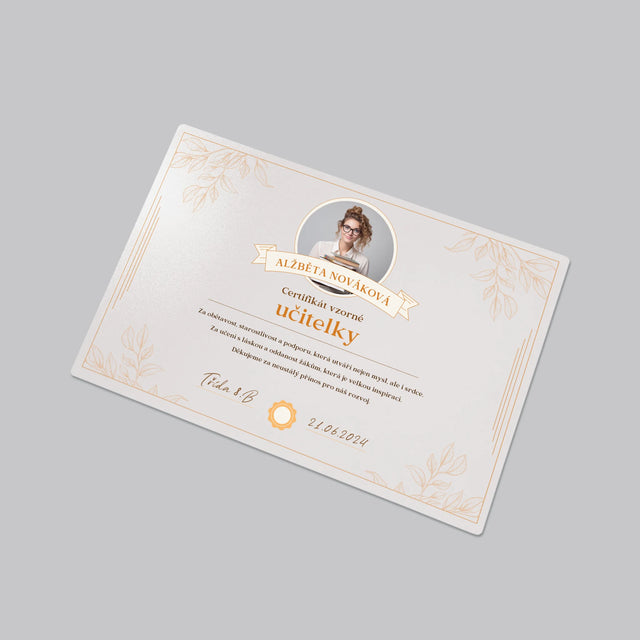 Fotka A Textem: Certifikát Vzorné Učitelky - Podložka Na Psací Stůl