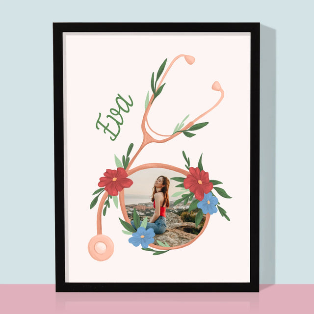 Fotka A Textem: Stetoskop Květiny - Tisk V Rámečku