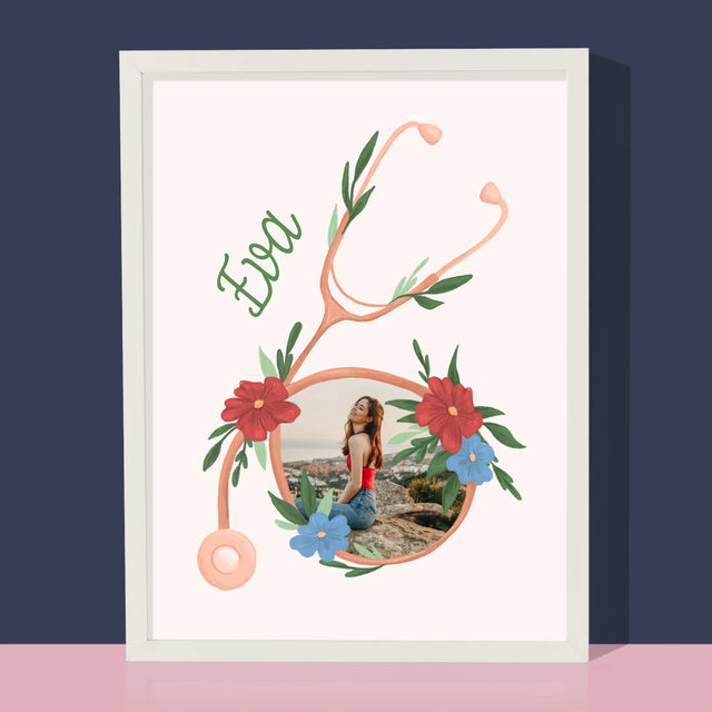 Fotka A Textem: Stetoskop Květiny - Tisk V Rámečku