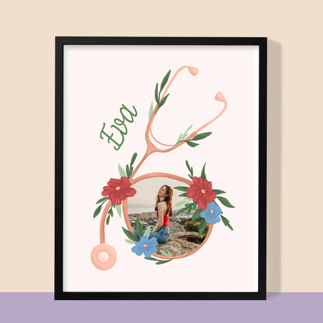 Fotka A Textem: Stetoskop Květiny - Tisk V Rámečku