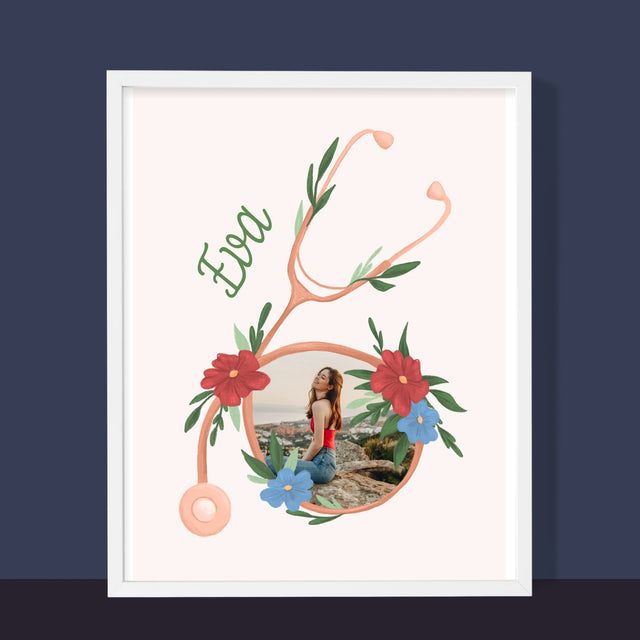 Fotka A Textem: Stetoskop Květiny - Tisk V Rámečku