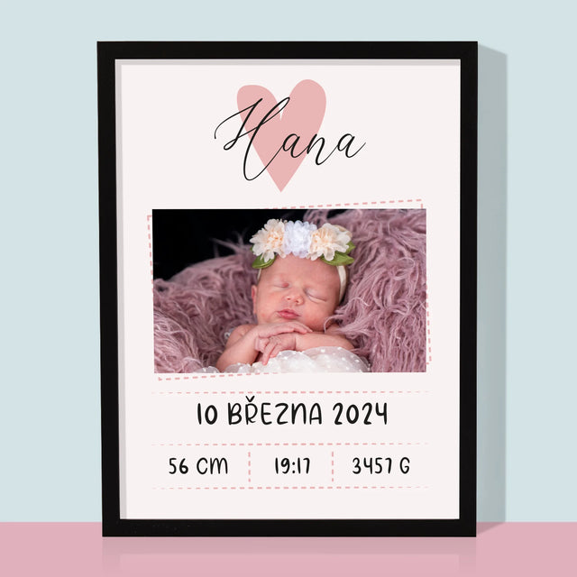Údaje O Narození Ditěte: Údaje O Narození Srdce Dívka - Tisk V Rámečku