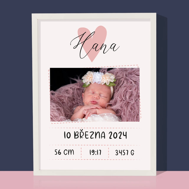 Údaje O Narození Ditěte: Údaje O Narození Srdce Dívka - Tisk V Rámečku