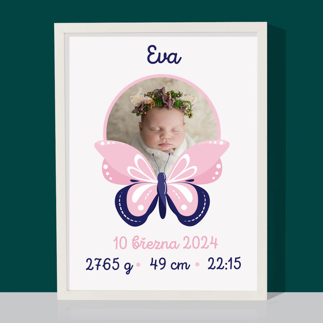 Údaje O Narození Ditěte: Rodný List Motýlek - Tisk V Rámečku