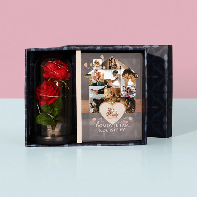 Tvar Z Fotek: Domov - Dárková Sada S Tiskem Na Akrylovém Skle A Věčnou Růží
