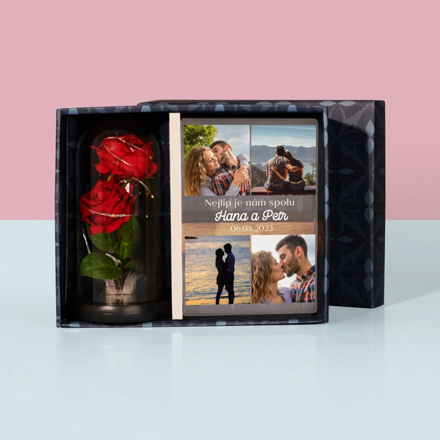 Fotokoláž: Nejlíp Je Nám Spolu - Dárková Sada S Tiskem Na Akrylovém Skle A Věčnou Růží