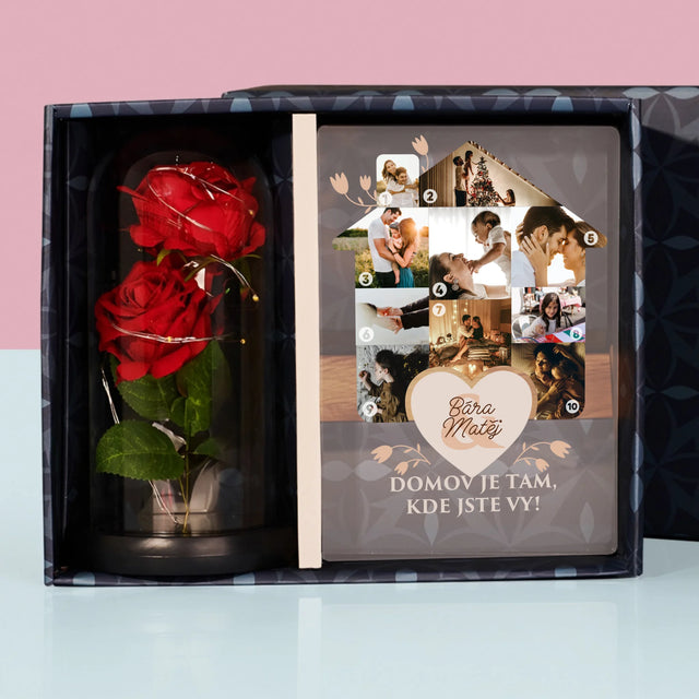 Tvar Z Fotek: Domov - Dárková Sada S Tiskem Na Akrylovém Skle A Věčnou Růží