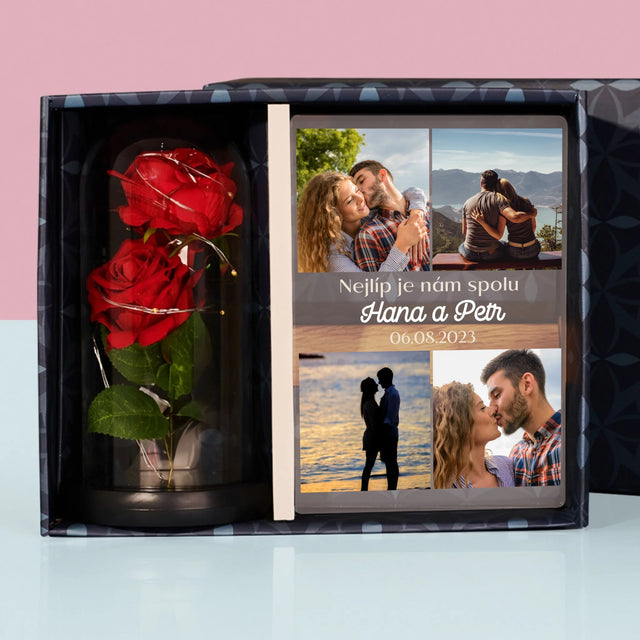 Fotokoláž: Nejlíp Je Nám Spolu - Dárková Sada S Tiskem Na Akrylovém Skle A Věčnou Růží