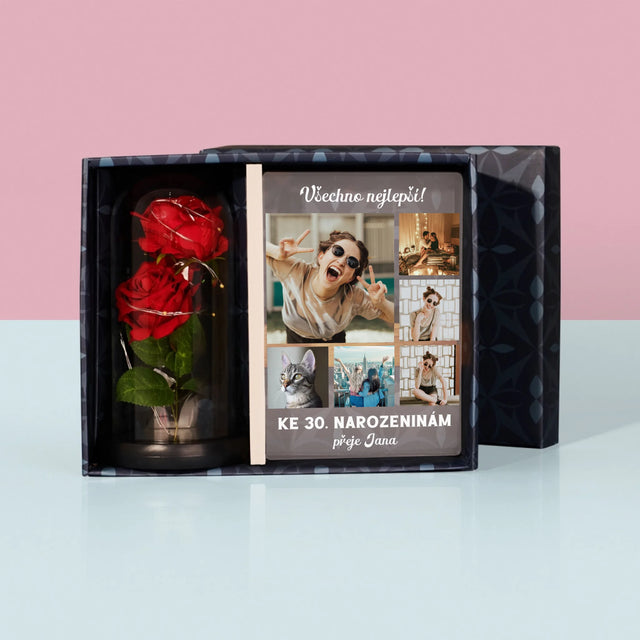 Fotokoláž: Narozeniny - Dárková Sada S Tiskem Na Akrylovém Skle A Věčnou Růží