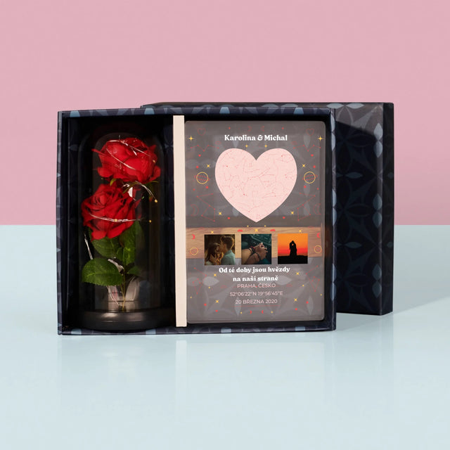 Hvězdná Mapa: Hvězdná Mapa: Náš Okamžik - Dárková Sada S Tiskem Na Akrylovém Skle A Věčnou Růží