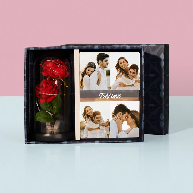 Fotokoláž: 4 Fotky A Nápis - Dárková Sada S Tiskem Na Akrylovém Skle A Věčnou Růží