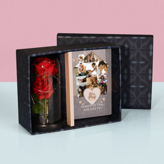 Tvar Z Fotek: Domov - Dárková Sada S Tiskem Na Akrylovém Skle A Věčnou Růží