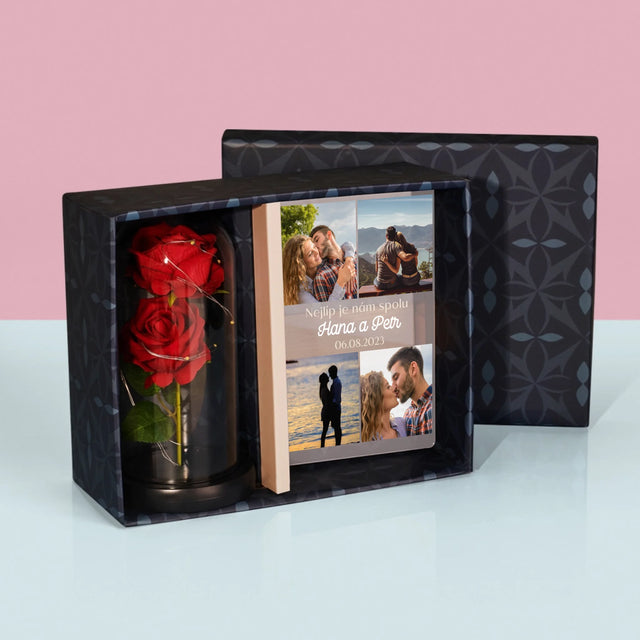 Fotokoláž: Nejlíp Je Nám Spolu - Dárková Sada S Tiskem Na Akrylovém Skle A Věčnou Růží