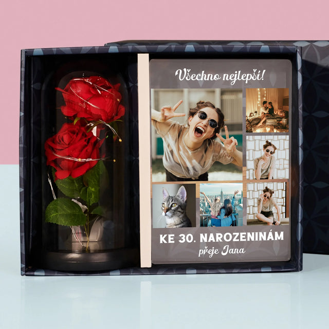 Fotokoláž: Narozeniny - Dárková Sada S Tiskem Na Akrylovém Skle A Věčnou Růží